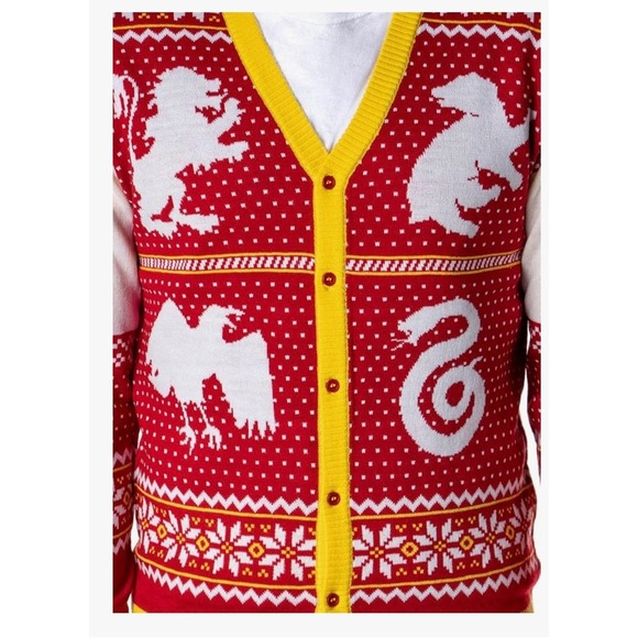Harry Potter Hogwarts Houses Christmas Cardigan Sweater Red & Yellow Crest Large - Picture 2 of 8